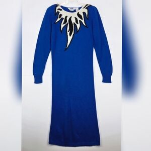 Christina Grant Vintage 80s Blue Angora Knit Long sleeve Sweater Dress sz S